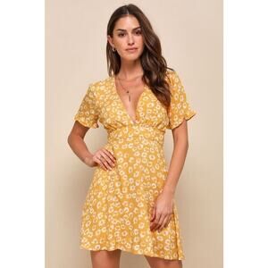 Lulus Garden Explorer Mustard Yellow Floral Print Mini Dress Size Medium V-Neck